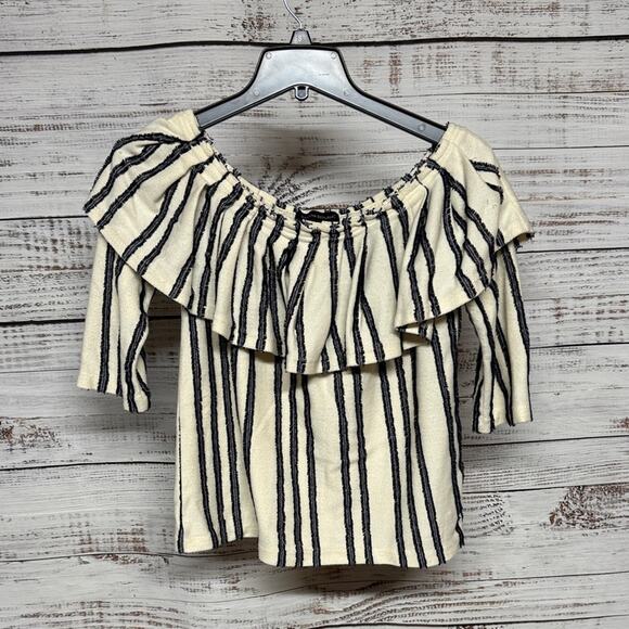 Banana Republic Striped Off-Shoulder Ruffle Stripe Top Small Cream Navy - Picture 2 of 8